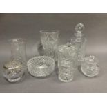 Cut glass ware including vases, biscuit barrel, decanter, rose bowl and preserve pots