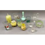 Victorian and later glass, clear green and yellow, comprising sugar and cream, jugs of various