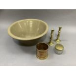 A pancheon, copper and brass pot, pair of brass candlesticks and glass powder bowl