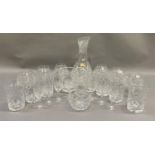 Part suite of cut glass including six water glasses, six brandies and six liqueurs, sugar and cream,