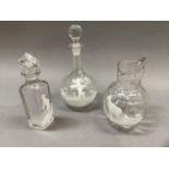 Three items of Victorian white painted glass in the style of Mary Gregory to include a decanter