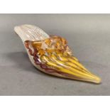 A Venetian latticino yellow and puce ribboned glass slipper, 12cm long