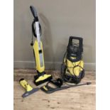 A Karcher floor cleaner together with a Karcher window cleaner (no lead) and a Karcher jet wash