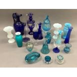 Victorian and later blue, turquoise and white glass including ewers, vase and cover, goblets,