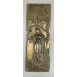 A metal plaque cast in relief with a girl picking apples from a tree, probably a furniture plaque,