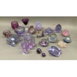 A quantity of amethyst and mauve glass, lidded box, five shot glasses, vase, trinket boxes, ashtray,