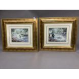 A pair of coloured prints after Kieffen, Edwardian parkland with figures and flower sellers