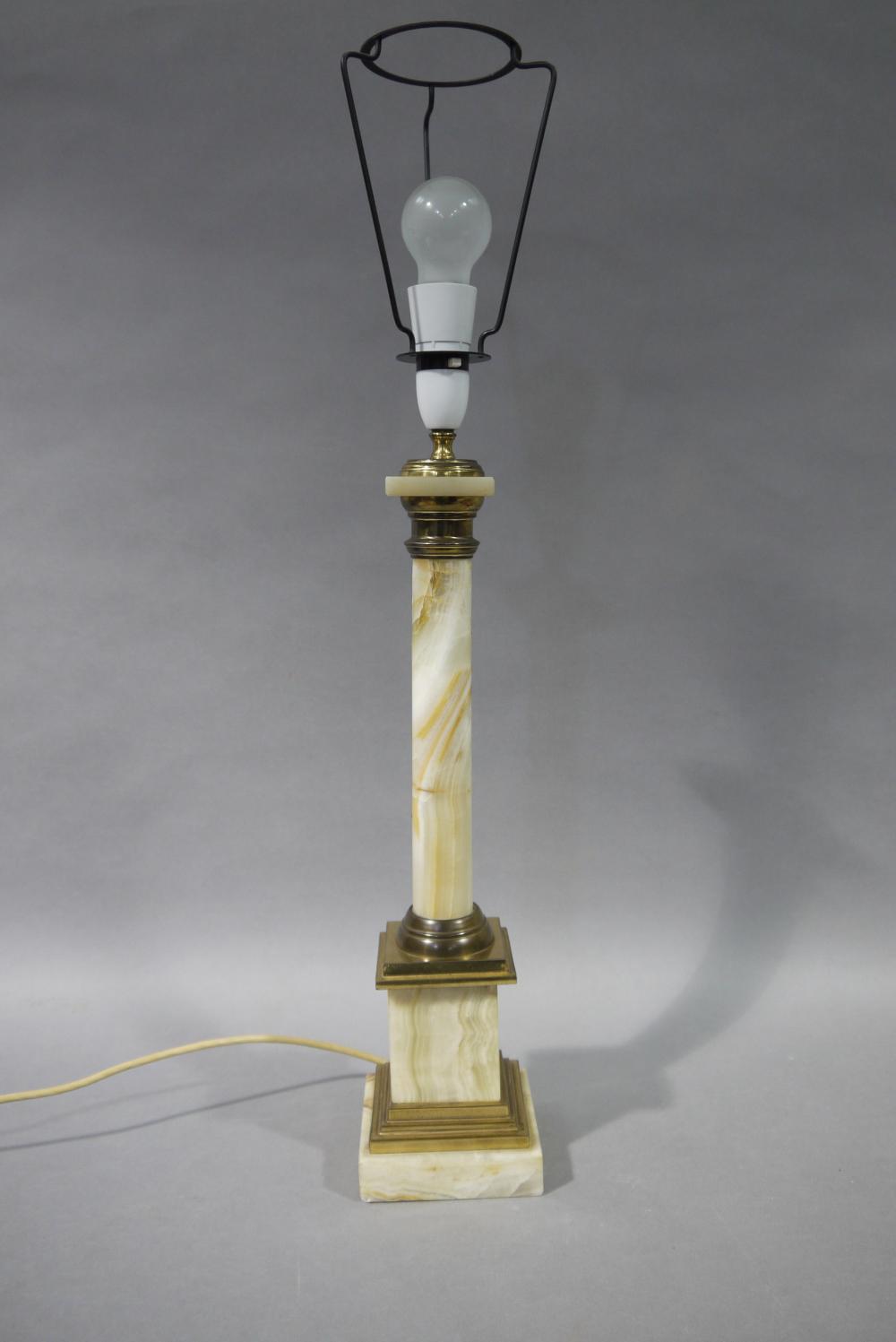 An onyx and gilt metal column table lamp on stepped square base, 57cm tall including fitting
