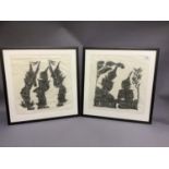 A pair of Thai temple rubbings depicting female dancers and musicians, 52cm x 50cm