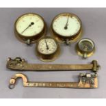 Four brass cased gauges for pressure etc and two copper weighing scale arms up to 14lb