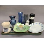 A quantity of mid 20th century pottery and glass including a Midwinter cruet and plates, blue glass,