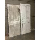 Two white painted vintage doors, approx 196cm high x 76cm and 185cm x 73cm
