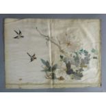 An early 20th century Chinese silk embroidery worked with peonies, grass hopper and song birds in