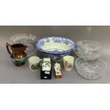 A large blue and white toilet bowl, commemorative ware, copper lustre jug, glass fruit bowls and