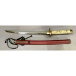 A reproduction Samurai sword with maroon leather scabbard, ivory effect handle with gilt metal