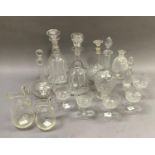 Five various Victorian and later decanters, pair of glass jugs of graduated size, oil bottle and