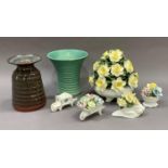 A large Aynsley china daffodil flower cluster and various smaller clusters, ribbed vases etc