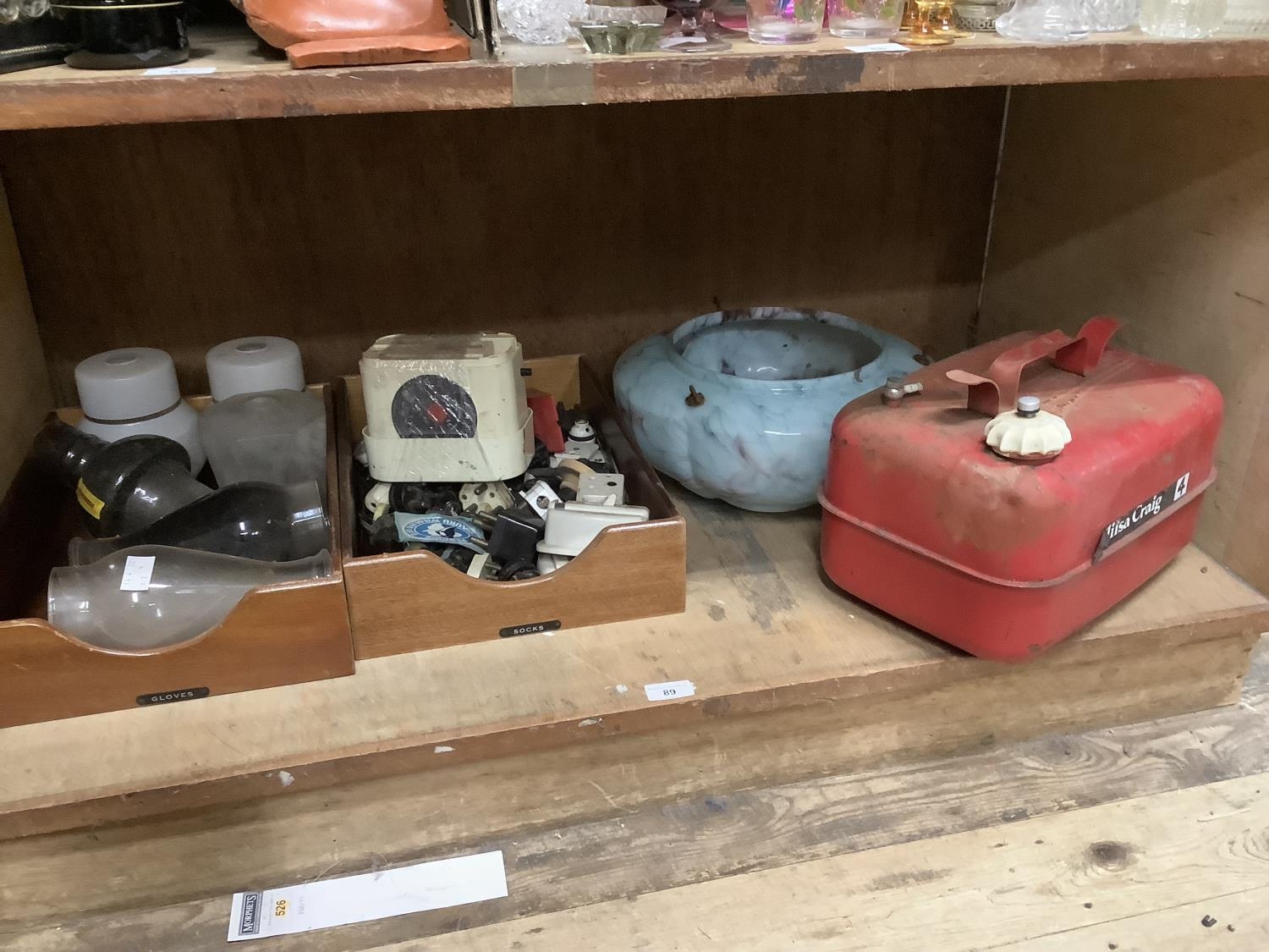 A quantity of lampshades including a large marbled glass ceiling bowl, vintage electric plugs and