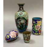 A Chinese cloisonné vase, a later cloisonné cylindrical vase and egg and a small beaker