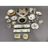 Trinket dishes and boxes, Royal Doulton cup and saucer, thimbles, miniature cup and saucer etc