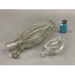Two 19th century gimmell flasks 30cm long and13.5cm long, a turquoise glass scent bottle,