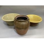 Two pancheons in stone ware and earthenware crock
