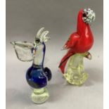 Two 20th century coloured and clear glass figures of exotic birds, 28cm and 24cm high