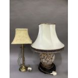 A chinoiserie style pottery table lamp on ebonized wood base complete with shade, 33cm to top of