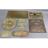 Seven brass and bronze nameplates for businesses, machinery etc