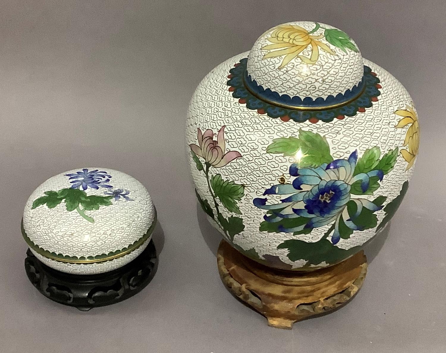 A cloisonné vase and domed cover with matching box of compressed circular form each enamelled with - Image 2 of 2