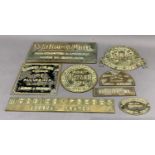 Eight brass and bronze name plates for safes, businesses, machinery etc