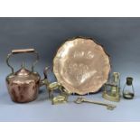 A copper kettle, a St Ives copper tray with wavy rim, brass figures of deer, flat iron, key etc