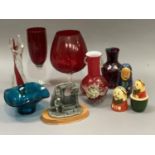 Ruby glass vases, blue glass bowl, cast metal figure of a fisherman mending his nets and two Russian