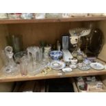 Glass decanters, flower vases, fruit bowls, lustre, a continental china basket and stand (af),