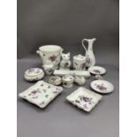 Aynsley Wild Violets china including planter, jug, figure of cat, preserve pot, trinket dishes,