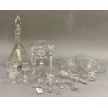 Various 19th century and later glassware including ice plates, decanter, large goblet etched with