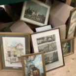 A quantity of pictures including French street scene by Burnett