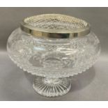 A Stuart cut glass pedestal rose bowl with silver plated grill, the bowl cut with a border of
