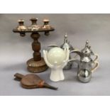 A set of three graduated white metal coffee pots, Turkish style, a lamp in the form of a white
