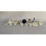 Inkwells, scent bottles, cruets, blue glass paperweight etc