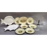 Two modern white pottery fish platters pair of glass fish platters and a Woods Ivory Ware fish set