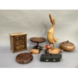 Treen including three ducks, lidded bowl, lidded box, coaster, pedestal dish and a miniature chest