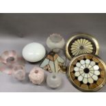 Various glass light shades, ceiling bowls and oil lamps, Tiffany style pendant light bowls and a