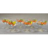 A set of six stemmed glass dishes for prawn cocktail, each hand painted with a large prawn and