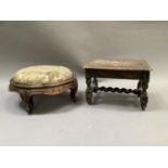 A Victorian walnut mahogany circular foot stool having an upholstered top, carved frame on short