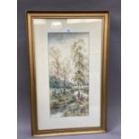 Charles Frederick Allbon, landscape with stream and silver birch trees, watercolour over pencil,