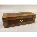 A Victorian walnut cross banded box, lined in magenta silk, 29cm by 10cm deep by 9cm high
