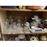 A quantity of glass and pottery including vases, cheese dish and cover, decanters, lidded bowls,
