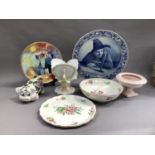 A Rosina Wachtneistr limited edition cat plate, a Luneville bowl and stand, a large Delft ware