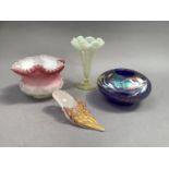 A Venetian latticinio glass slipper, a cranberry tinted satin glass bowl with folded rim, a vaseline